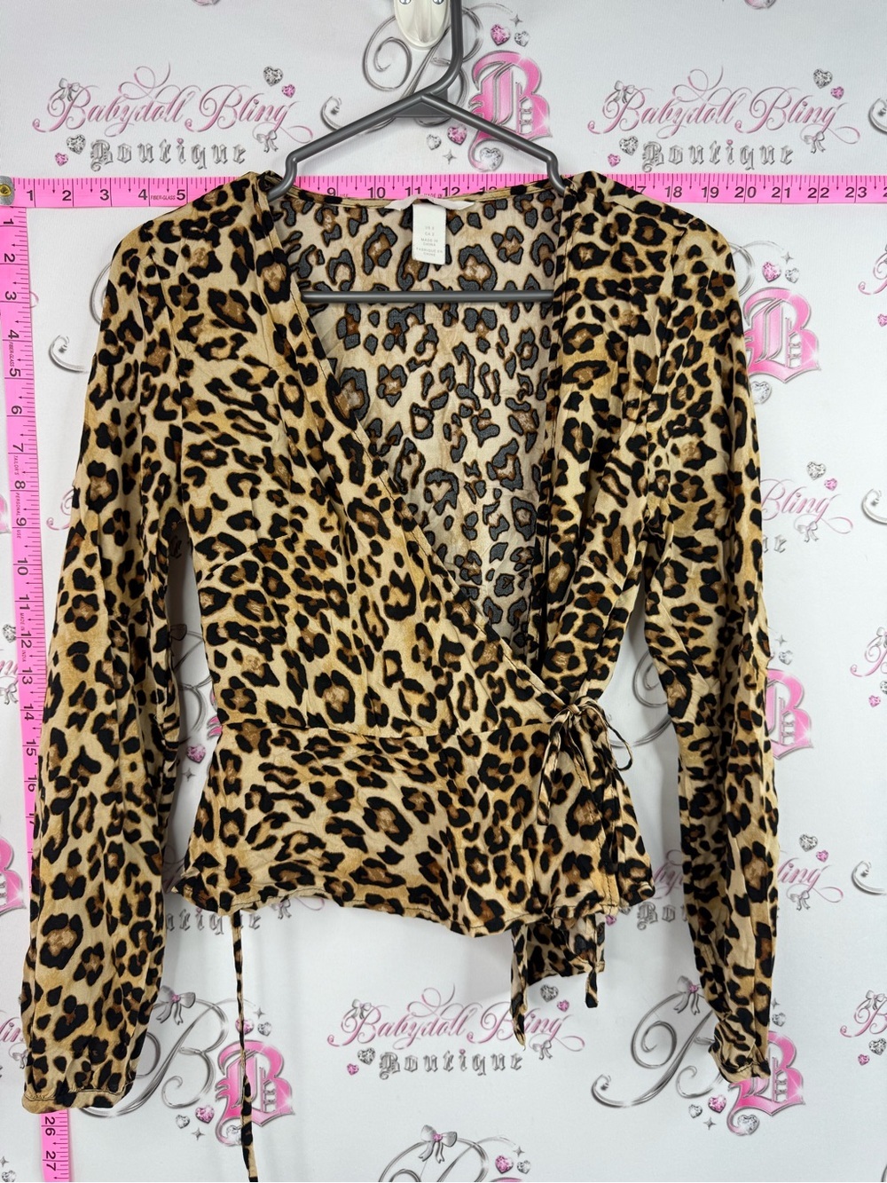 H&M long sleeve blouse tie up Leopard Print Wrap Blouse in Tan and Black